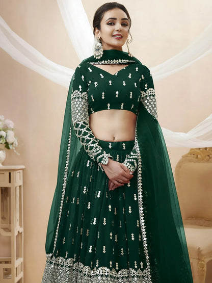 Tulsi Art Capricious Dark Green Sequins Work Georgette Lehenga Choli