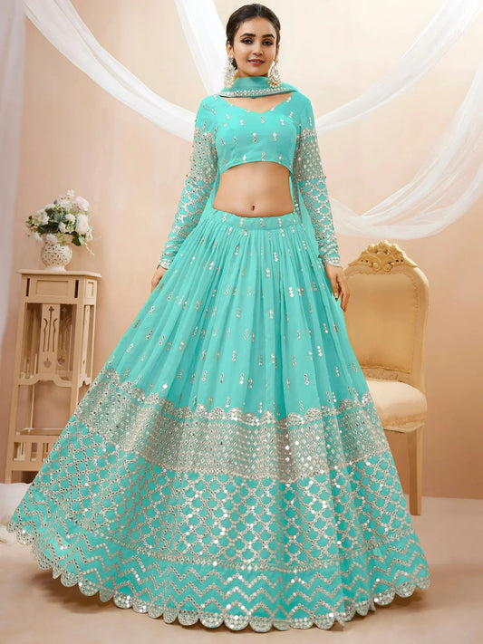 Tulsi Art Spectacular Sky Blue Sequins Georgette Sangeet Wear Lehenga Choli