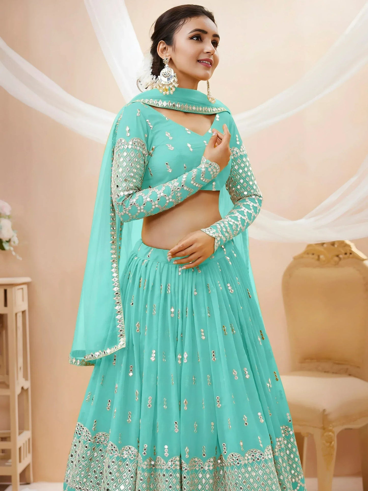 Tulsi Art Spectacular Sky Blue Sequins Georgette Sangeet Wear Lehenga Choli