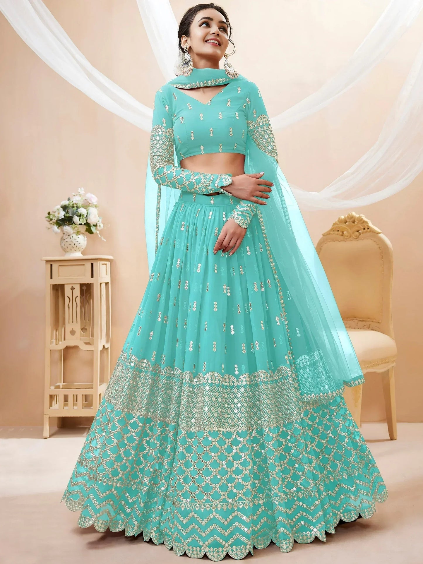 Tulsi Art Spectacular Sky Blue Sequins Georgette Sangeet Wear Lehenga Choli