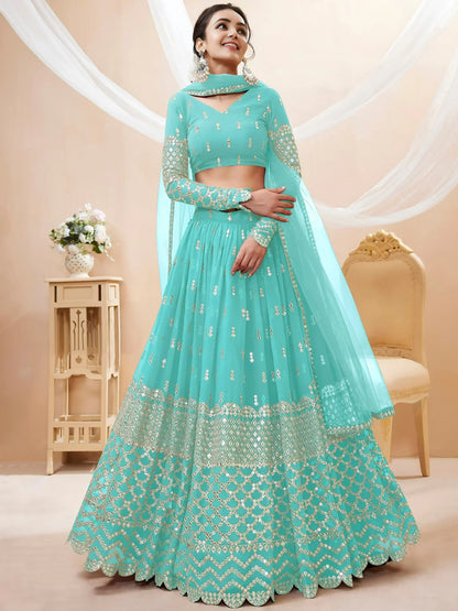 Tulsi Art Spectacular Sky Blue Sequins Georgette Sangeet Wear Lehenga Choli