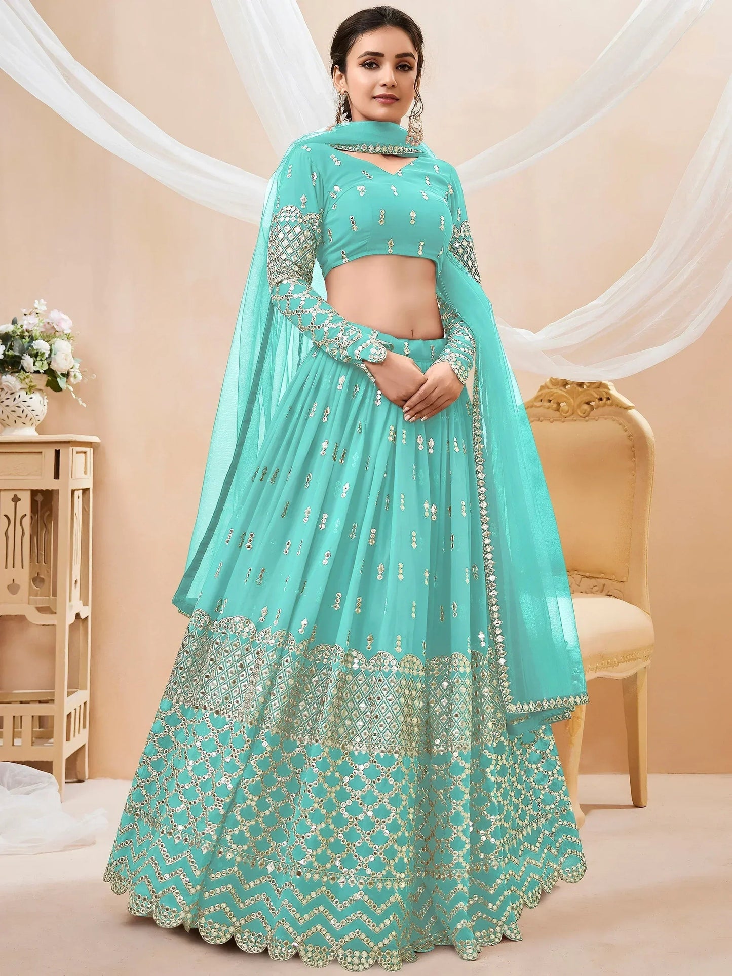 Tulsi Art Spectacular Sky Blue Sequins Georgette Sangeet Wear Lehenga Choli