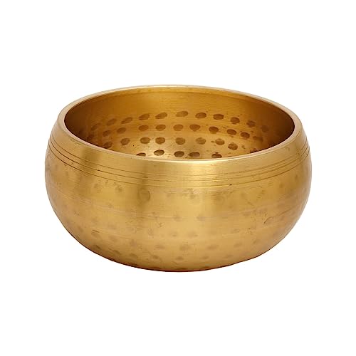 Singing Bowl with Cushion and Stick - Hammered Bell Metal - 4.75 Inch Diameter - Golden Finish