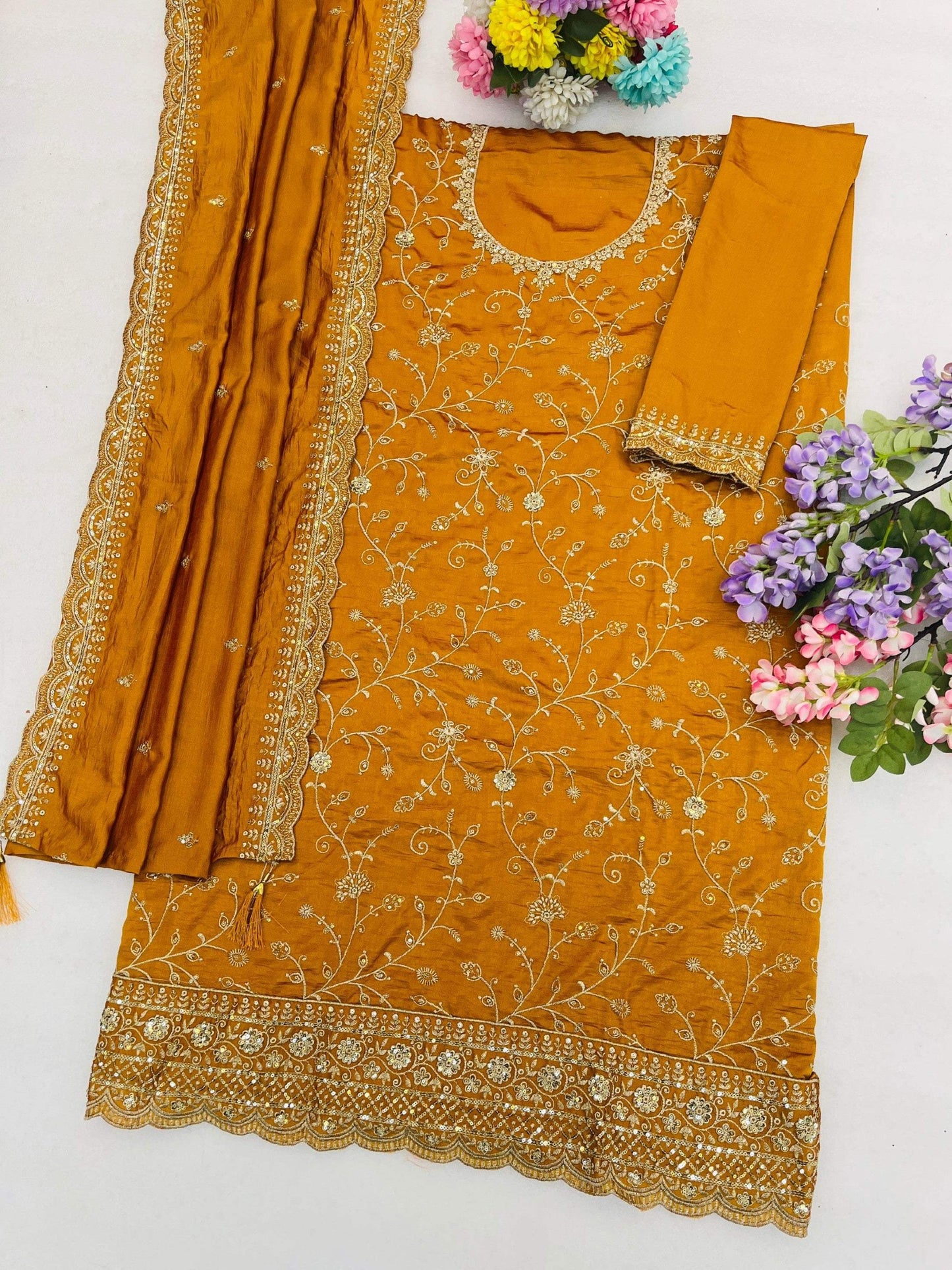 Anaita Mustard Vichitra Silk Suit With Embroidery & Sequence Work