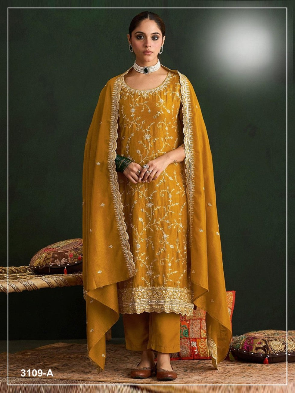 Anaita Mustard Vichitra Silk Suit With Embroidery & Sequence Work
