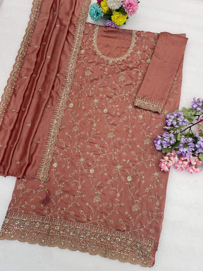 Anaita Peach Vichitra Silk Suit With Embroidery & Sequence Work