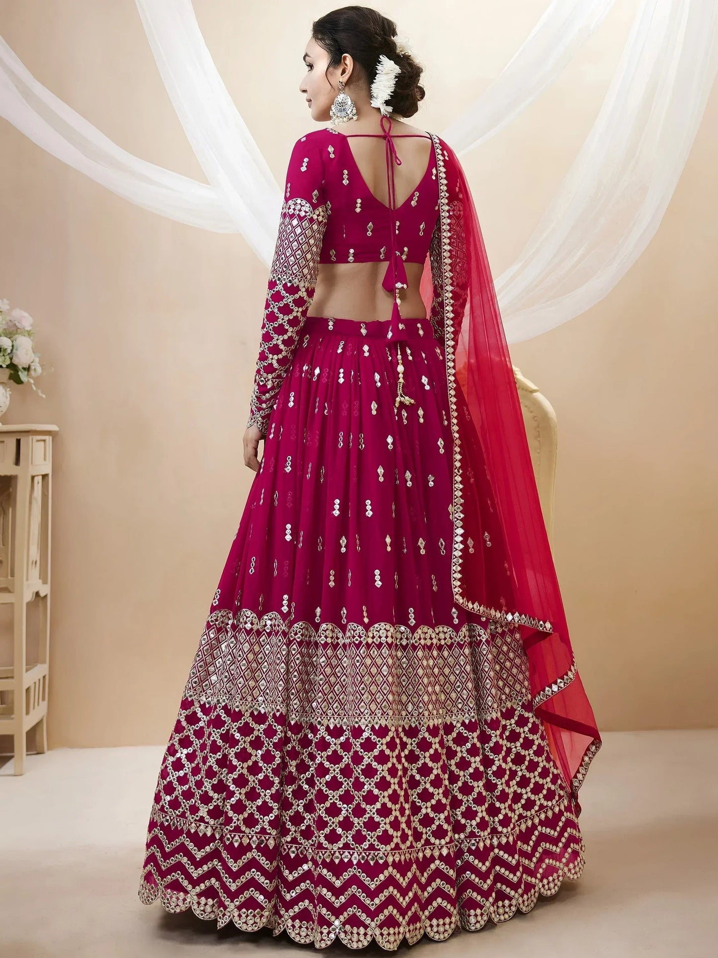 Tulsi Art Mesmerizing Dark Pink Sequins Work Georgette Bridesmaid Lehenga Choli