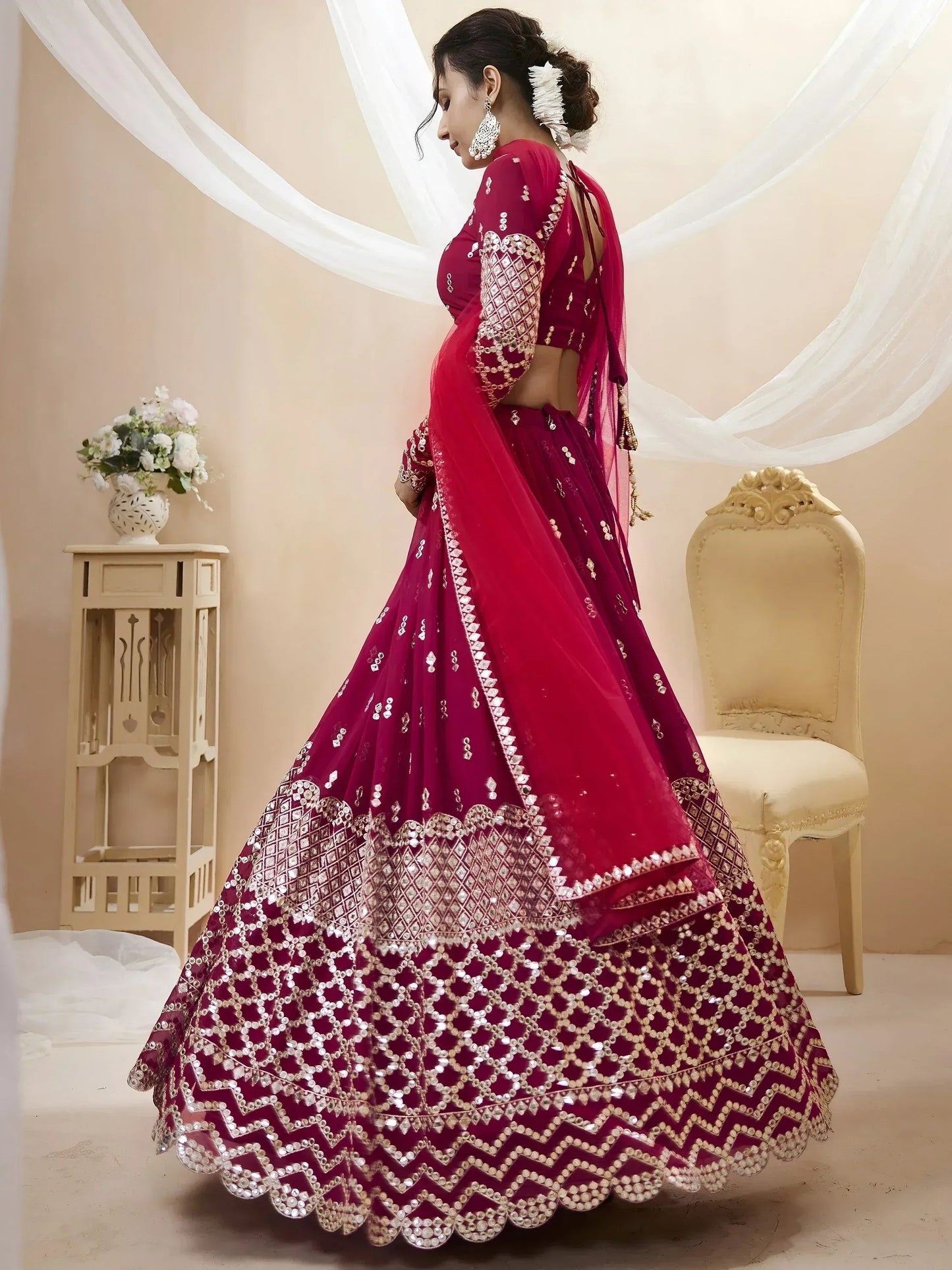 Tulsi Art Mesmerizing Dark Pink Sequins Work Georgette Bridesmaid Lehenga Choli