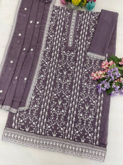 Anaita Purple Silk Suit with Embroidery & Sequence Work