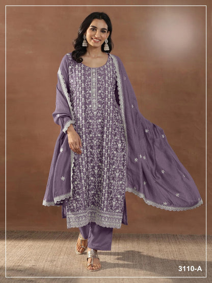 Anaita Purple Silk Suit with Embroidery & Sequence Work