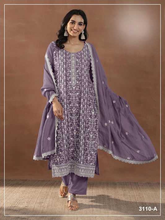 Anaita Purple Silk Suit with Embroidery & Sequence Work