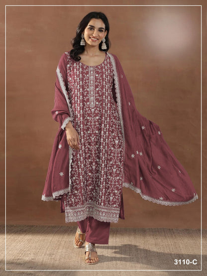 Anaita Maroon Silk Suit with Embroidery & Sequence Work