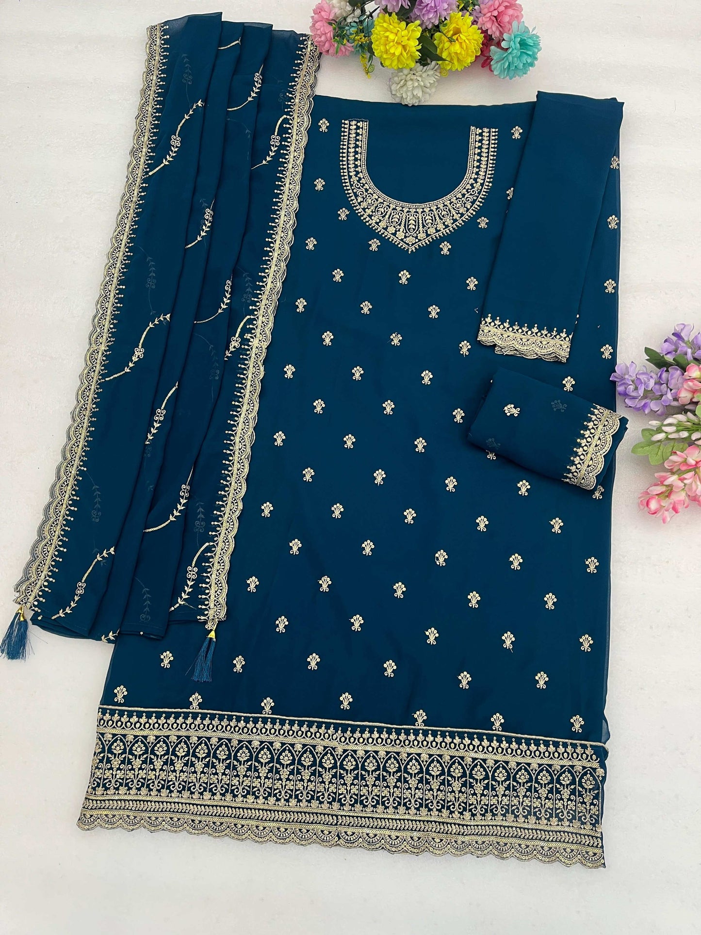 Anaita Teal Faux Georgette Suit With Embroidery Work
