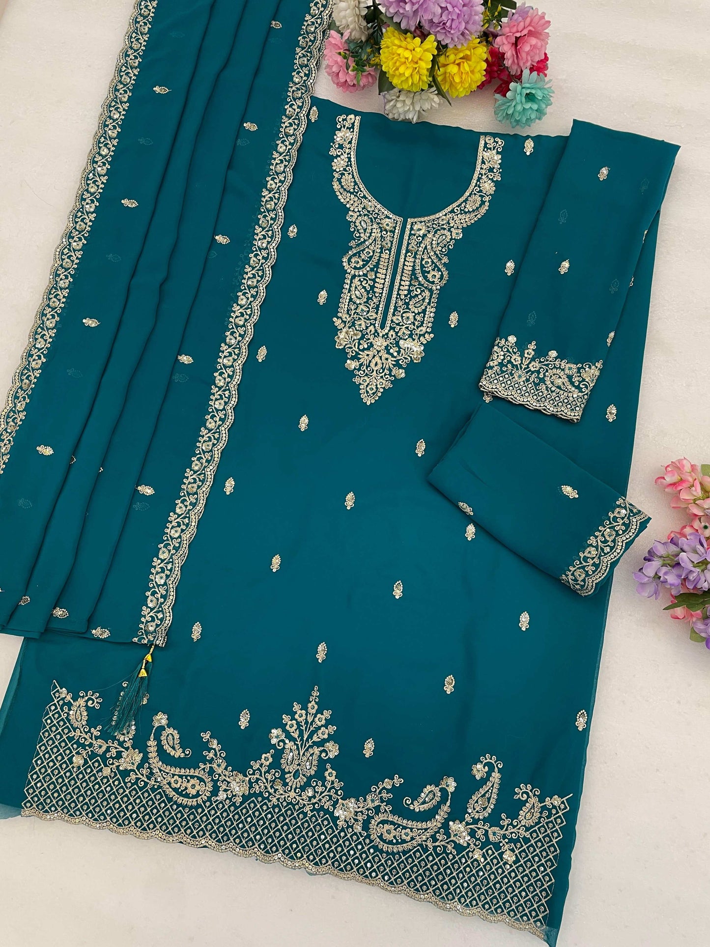 Anaita Teal Blue Faux Georgette Suit With Embroidery & Sequence Work