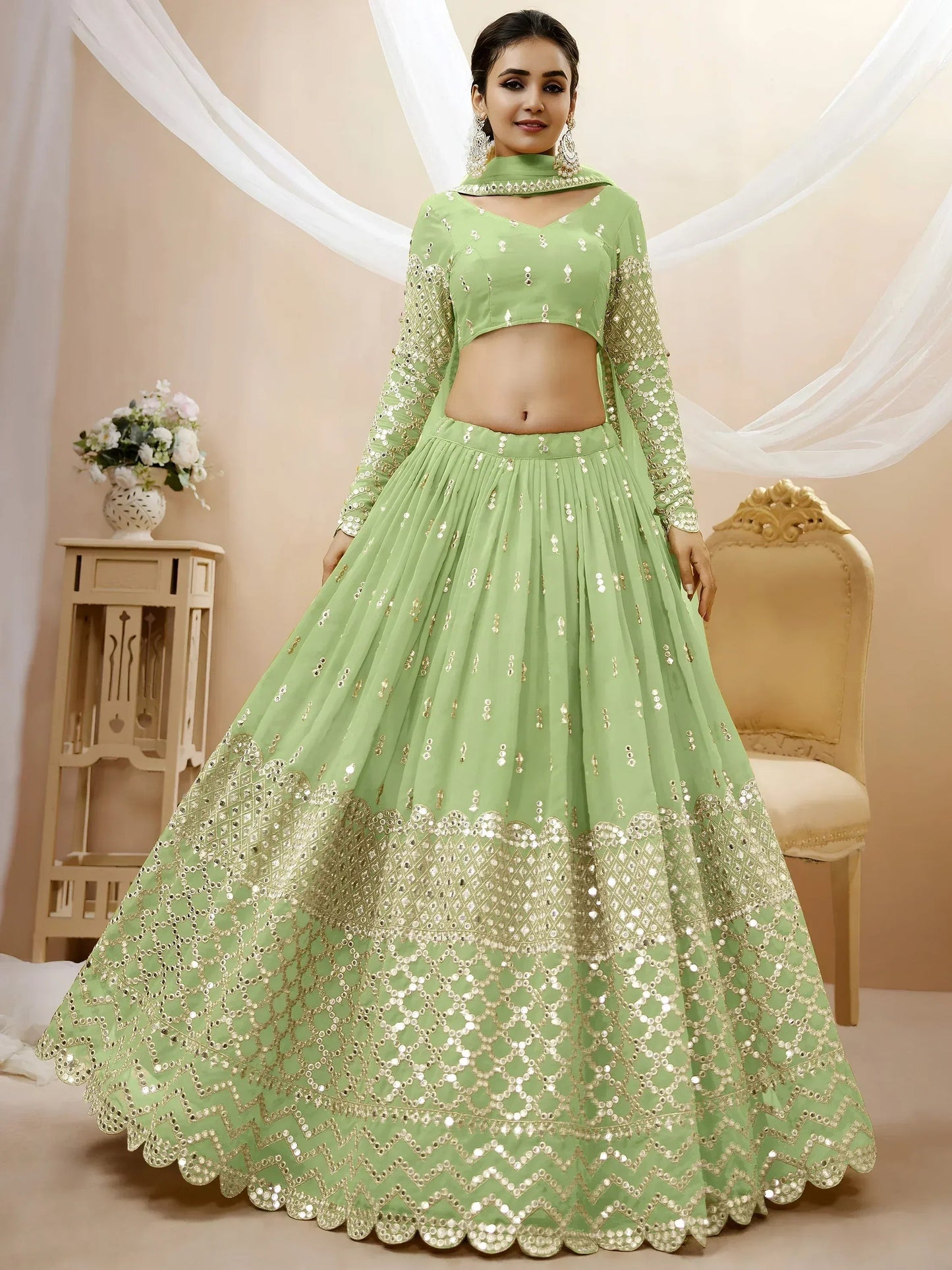 Tulsi Art Attractive Pastel Green Sequins Work Georgette Lehenga Choli