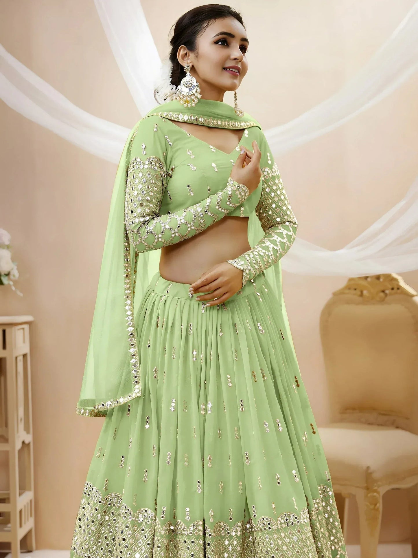 Tulsi Art Attractive Pastel Green Sequins Work Georgette Lehenga Choli