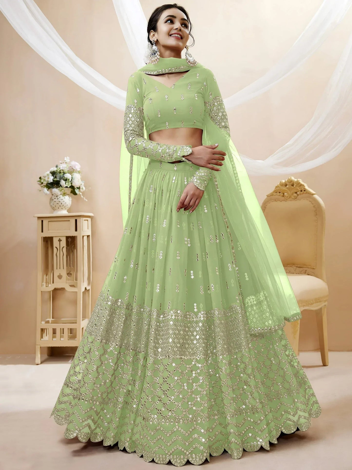 Tulsi Art Attractive Pastel Green Sequins Work Georgette Lehenga Choli