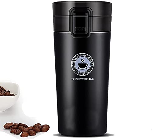 Vacuum Insulation Coffee Mug with Lid, Stainless Steel, Black, 360 ml