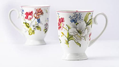 Coffee Mug Set of 2 - Bone China, White & Pink Floral, 300 ml, Microwave Safe