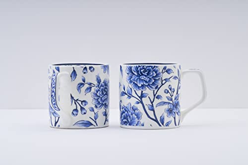 Coffee Mug Set of 6 - Ceramic Blue Floral Design - 220ml - Microwave Safe