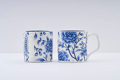 Coffee Mug Set of 6 - Ceramic Blue Floral Design - 220ml - Microwave Safe