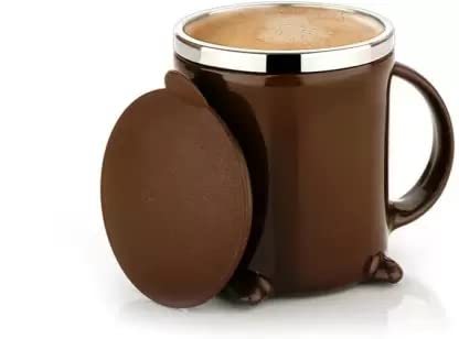Coffee Mug Double Walled Insulated Stainless Steel Black Olive 200 ML with Lid and Handle