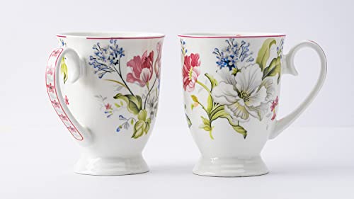 Coffee Mug Set of 2 - Bone China, White & Pink Floral, 300 ml, Microwave Safe