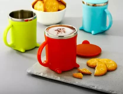 Coffee Mug Double Walled Insulated Stainless Steel Black Olive 200 ML with Lid and Handle