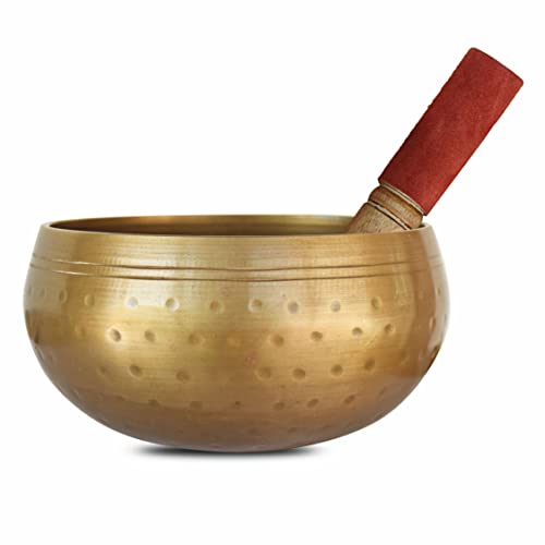 Brass Singing Bowl with Wooden Striker, Gold Finish, 5 Inch Diameter