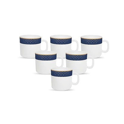 Coffee Mug Set 6 pcs, Opal Glass, Regent Blue & White, Thermal Shock Resistant