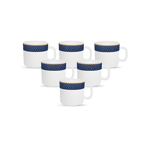 Coffee Mug Set 6 pcs, Opal Glass, Regent Blue & White, Thermal Shock Resistant