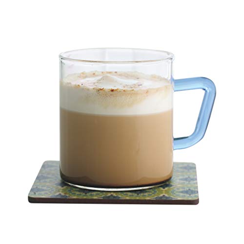 Coffee Mug Set of 6 - Borosilicate Glass, Blue Handle, 190 ml, Microwave Safe