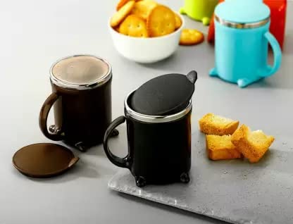 Coffee Mug Double Walled Insulated Stainless Steel Black Olive 200 ML with Lid and Handle