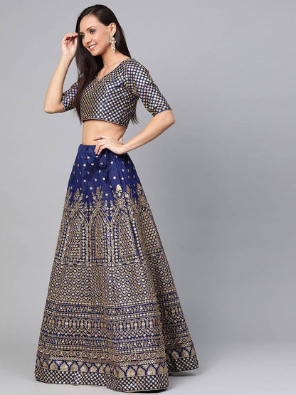 Tulsi Art Navy Blue Embroidered Semi-Stitched Myntra Lehenga & Unstitched Blouse With Dupatta