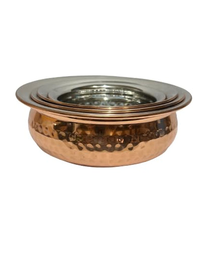 Dynore Stainless Steel Copper Plated Hammered Finish Handi Set with SS lid- Set of 4