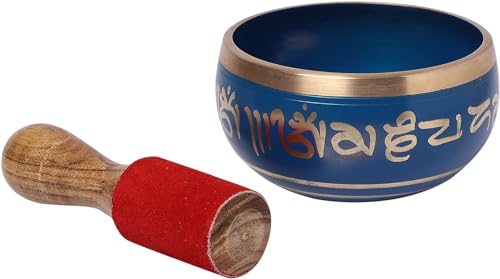 Singing Bowl Hand Painted Blue with Gold Trim 4 Inch Metal Tibetan Design