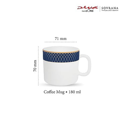 Coffee Mug Set 6 pcs, Opal Glass, Regent Blue & White, Thermal Shock Resistant