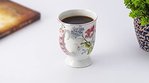 Coffee Mug Set of 2 - Bone China, White & Pink Floral, 300 ml, Microwave Safe