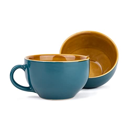 Large Coffee Cup Set of 2, Teal Green Glossy Finish, Stoneware, 350ml