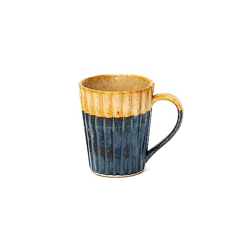 Coffee Mug Handmade Pottery Dark Blue & Mustard Glaze 300 ml 10 Oz