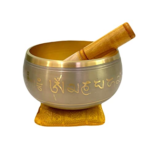Singing Bowl for Meditation - Brass - 4" Diameter x 2.5" Height - Grey