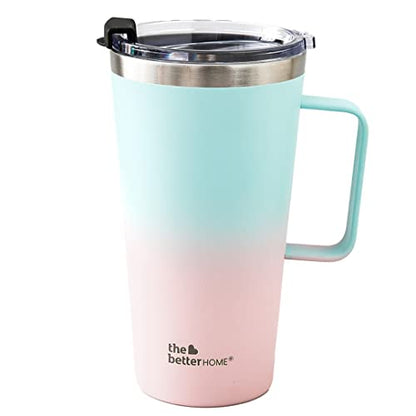 Insulated Coffee Mug with Lid & Handle - Double Wall Stainless Steel - 450ml - Blue-Pink