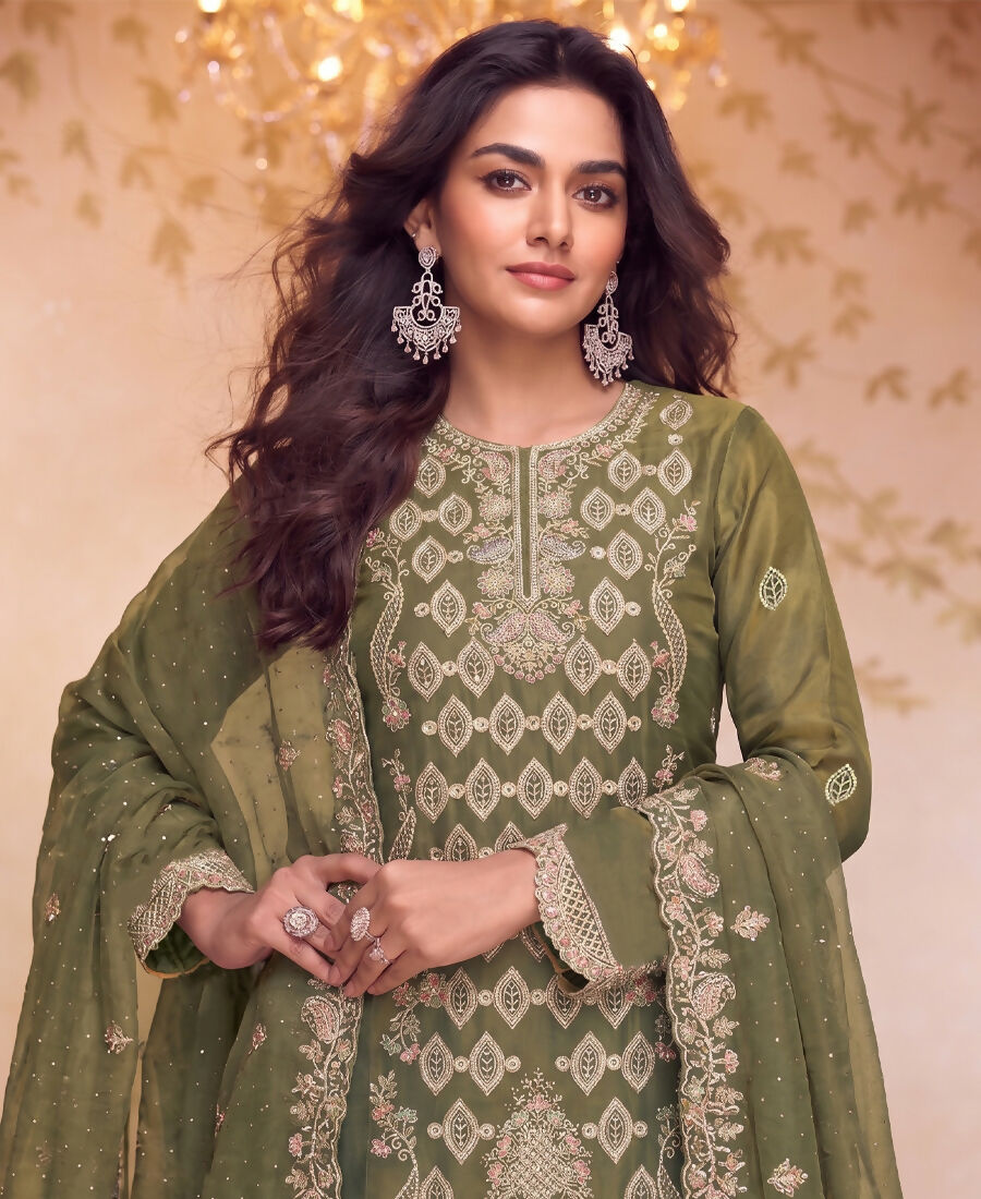KC Heavy Embroidery Worked Two Ton Moss Silk Parrot Green Suit For Women