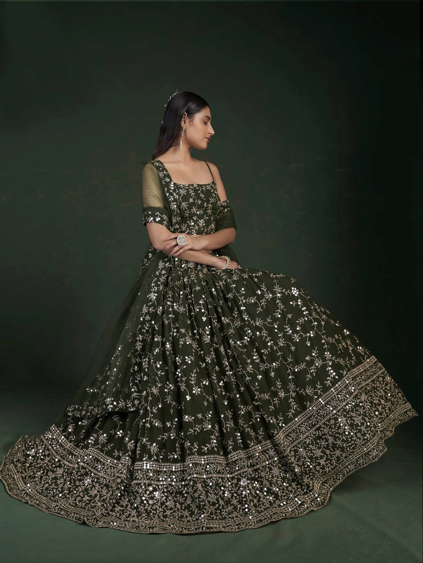 Tulsi Art Desirable Olive Green Sequins Embroidered Georgette Lehenga Choli