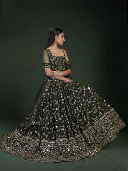 Tulsi Art Desirable Olive Green Sequins Embroidered Georgette Lehenga Choli