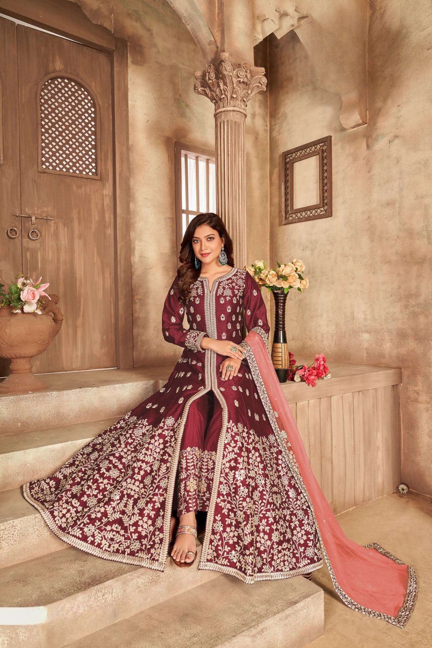 Anaita Maroon Embroidered Art Silk Anarkali Suit