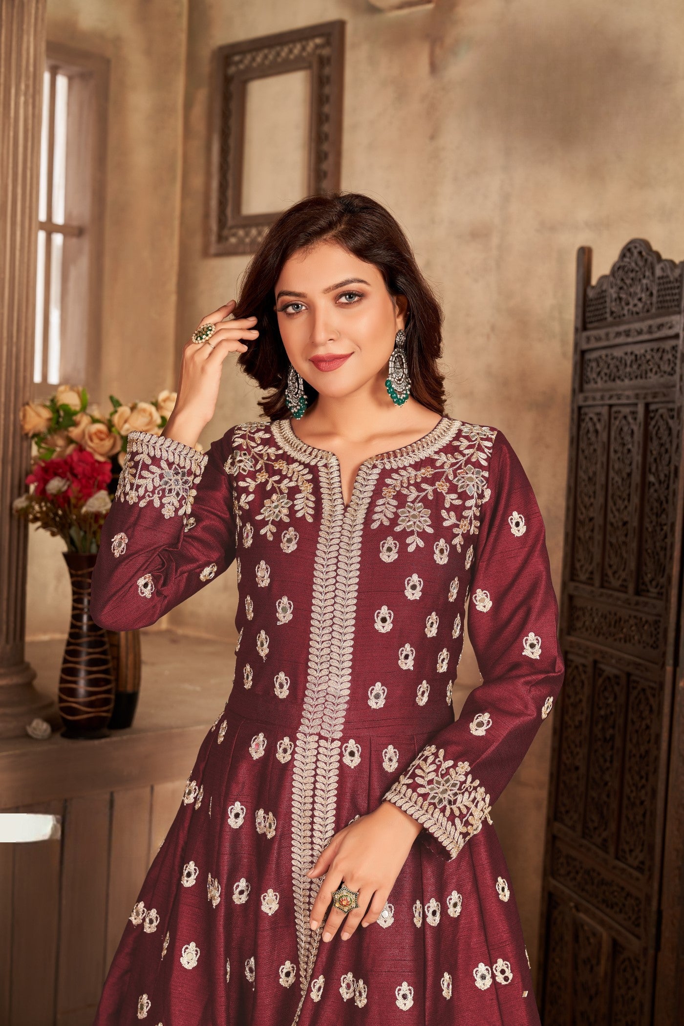 Anaita Maroon Embroidered Art Silk Anarkali Suit