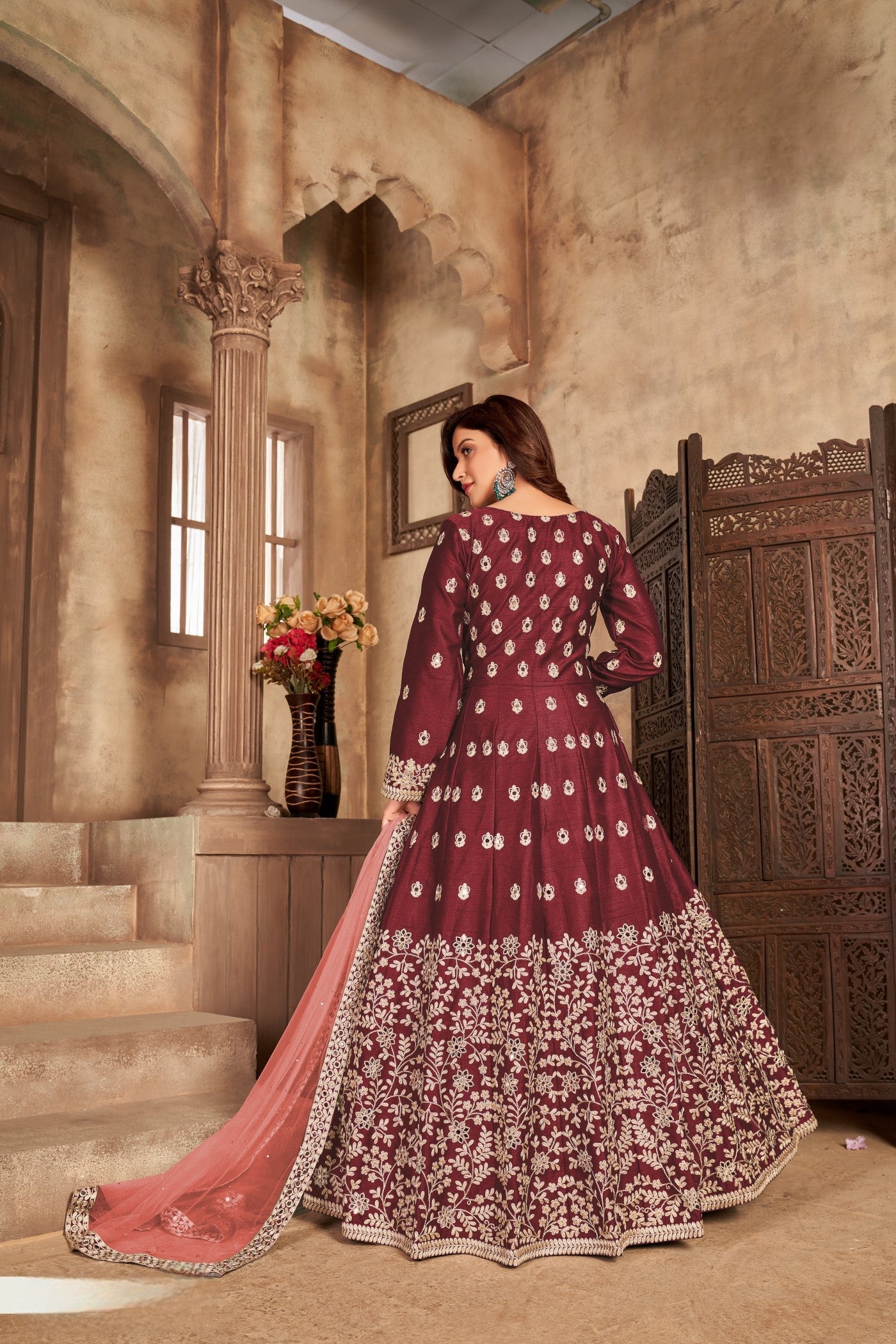Anaita Maroon Embroidered Art Silk Anarkali Suit