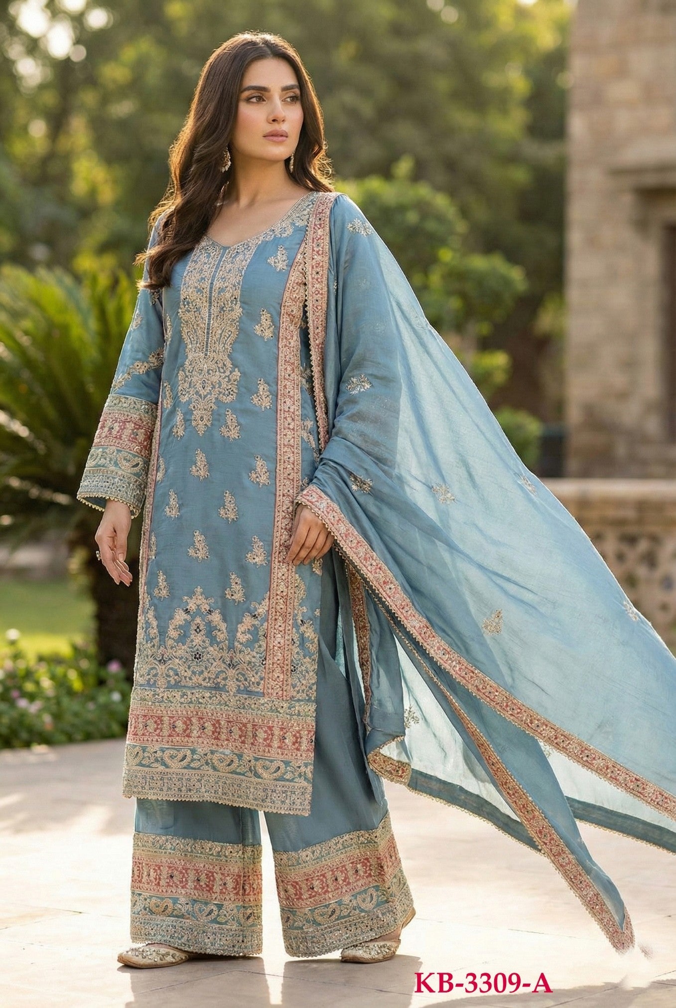 Anaita Blue Chinon Suit with Embroidery & Sequence Work