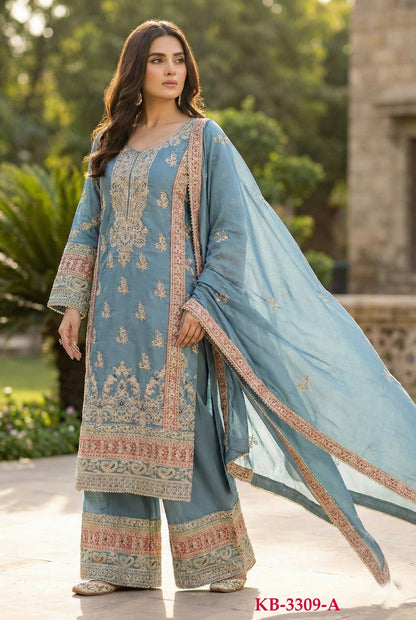 Anaita Blue Chinon Suit with Embroidery & Sequence Work
